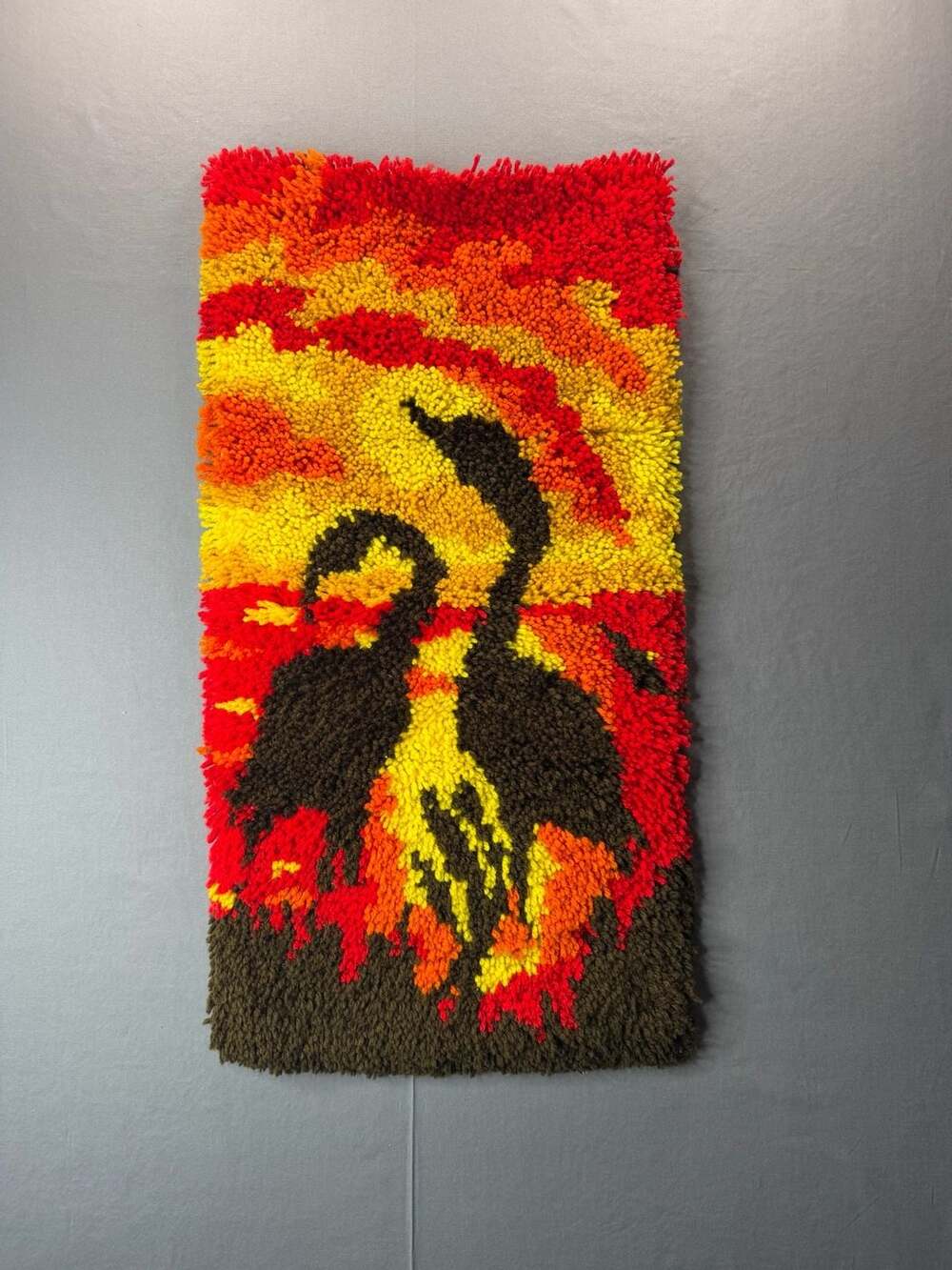 Vintage 70’s MCM Latch Hook Wall Hanging Sunset Cranes Retro Fiber Art 15x30